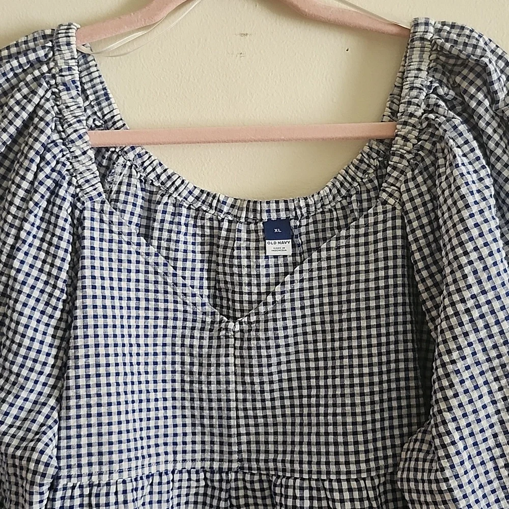 Old Navy Blue White Gingham Puff Sleeve Blouse Babydoll Top Feminine Prarie